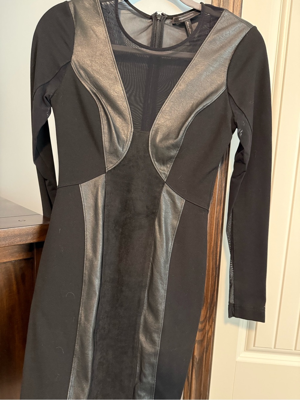 BCBGMaxAzria Black Long-Sleeve Faux-Leather Panel Bodycon Dress - Picture 7 of 7